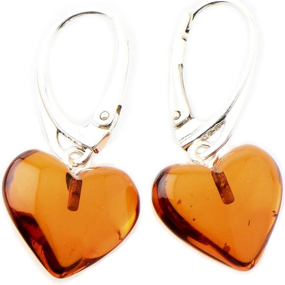 Cognac Amber Heart Earrings Sterling Silver Dangle Jewelry for Women